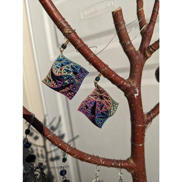 Color Changing Rainbow 3D Printed Warped Sierpinski Octahedron Earrings; fractal - Picture 5 of 8